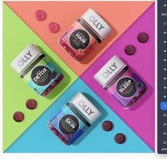 three different flavors of yogurt on colorful and green, pink, blue and purple background