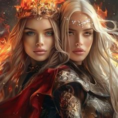 two beautiful young women standing next to each other in front of fire and stars on their foreheads