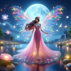 a beautiful fairy standing in the water with her wings spread out and glowing lights on