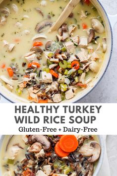 healthy turkey wild rice soup with carrots, celery and mushrooms