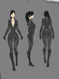 three different views of an alien woman in black and grey clothing, with her hands on her hips