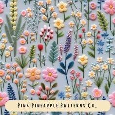 pink, blue and yellow flowers on white background with text that reads pink pineapple patterns co