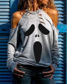 Casual Gray Tops For Halloween, Spooky Long Sleeve Tops For Fall, Spooky Long Sleeve Halloween Tops, Horror Crew Neck Tops For Fall, Cold Shoulder Sweatshirt, Loose Fit Blouse, Halloween Long Sleeve, Off Shoulder Shirt, Multi Pattern