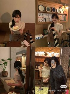 four different pictures of people taking selfies with their cell phones and eating food in the same room