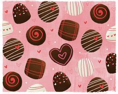 a pink background with chocolates and hearts on it