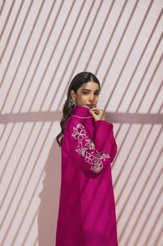 Pink Silk Long Sleeve Sets, Silk Long Sleeve Pink Sets, Pink Long Sleeve Raw Silk Set, Pink Eid Sets With Embroidered Sleeves, Pink Raw Silk Long Sleeve Kurta, Pink Long Sleeve Raw Silk Kurta, Long-sleeved Pink Silk Kurta, Festive Pink Sets With Embroidered Sleeves, Pink Long Sleeve Kurta For Party