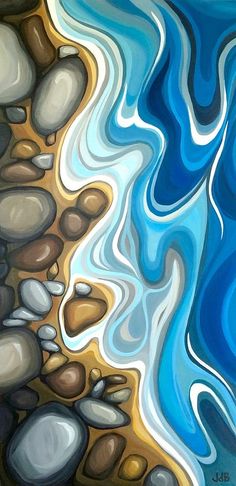 an abstract painting with rocks and water