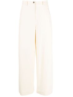 cream white cotton-wool blend high waist belt loops front button fastening two side slit pockets rear jetted pocket long length wide leg Jil Sander, Wide Leg Trousers, Waist Belt, Cream White, Long Length, High Waisted Pants, Wide Leg Pants, Wool Blend, Fashion Branding