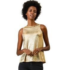 Your glittering personality will shine through in this breezy stretchy metallic flashing round-neck top. A finely smooth top is cut in a chic swing silhouette to make you shine on any occasion in this stylish tank top. It's a nice choice for different parties. Shimmering golden threads make this lightweight, fine-gauge top truly shine. Cut from soft semi-shiny stretch fabric, this lightweight tank top keeps you cool and makes you chic. Glamorous Metallic Sleeveless Top, Glamorous Sleeveless Metallic Top, Glamorous Stretch Metallic Tank Top, Glamorous Metallic Stretch Tank Top, Glamorous Stretch Tank Top, Metallic Stretch Tops For Party Season, Metallic Sleeveless Tops For Party Season, Glamorous Shiny Sleeveless Tops, Gold Stretch Tank Top For Night Out