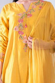 Shop for Asha Gautam Yellow Chanderi Silk Kurta Set for Women Online at Aza Fashions Fitted Sets With Embroidered Sleeves For Diwali, Spring Salwar Kameez With Dori Work, Chanderi Straight Kurta Set With Embroidered Neckline, Festival Embroidered Straight Kurta Set, Unstitched Salwar Kameez With Embroidered Neckline, Navratri Chanderi Sets With Embroidered Neckline, Fitted Chanderi Set With Embroidered Sleeves, Eid Festival Fitted Set With Embroidered Neckline, Fitted Sets With Embroidered Neckline For Eid