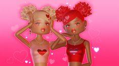 two women with red hair are standing next to each other in front of pink hearts