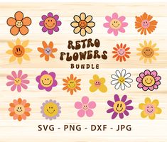 the retro flower bundle includes flowers and smiley faces