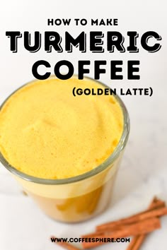 Cup of coffee topped with yellow frothed milk due to turmeric. Cinnamon sticks on the side. Turmeric Coffee Recipe, Tumeric Tea Recipe, Golden Milk Recipe Turmeric, Turmeric Drinks, Ginger And Tumeric, Milk Before Bed, Turmeric Coffee, Healthy Coffee Recipes, Healthy Shots