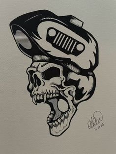 a black and white drawing of a skull with a hair dryer on it's head