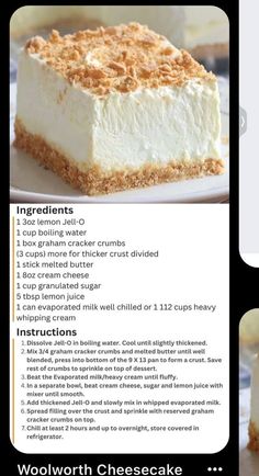 Woolworth Cheesecake Recipe, Cold Dessert Recipes, Jello Dessert, Jello Dessert Recipes, Favorite Pie Recipes, Fluff Desserts, Jello Desserts, Lemon Dessert Recipes, Easy Cheesecake Recipes