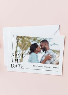 save the date card with an image of a couple kissing in front of a pink background