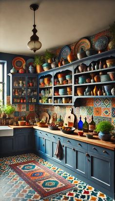 a kitchen filled with lots of pots and pans on top of wooden shelves next to a window