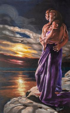 a painting of a man holding a woman in his arms while the sun is setting