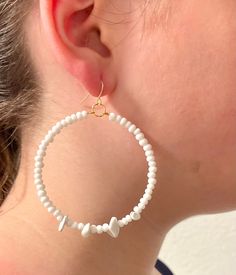 "Natural Howlite Beads and white Glass beads Dangle hoop Earrings Gold plated- 2 1/2\" circumference." Dangle Hoop Earrings, Hoop Earrings Gold, Beaded Dangles, Jewelry Earrings Hoops, Earrings Gold, White Glass, Gold Earrings, Glass Beads, Gold Plate