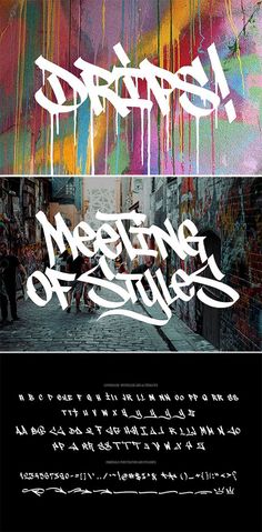 an advertisement with graffiti written on it and the words meeting of styles in different languages