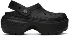 Lightweight Croslite™ EVA foam rubber slip-on sandals in black. · Perforated detailing at vamp · Logo-embossed convertible slingback strap · Logo embossed at heel · Molded rubber footbed · Textured platform rubber midsole · Treaded rubber sole · Logo-engraved hardware · Platform: H2.5 Supplier color: Black Crocs Platform, Platform Crocs, Black Crocs, Crocs Black, Platform Clogs, Platform Slides, Black Platform, Eva Foam, Black Rubber