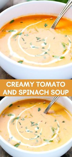 two bowls of creamy tomato and spinach soup on a wooden table with text overlay