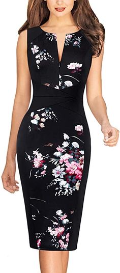 VFSHOW Womens Black Floral Print Cocktail Party Elegant Slim Zipper Up Work Business Office Bodycon Pencil Sheath Dress 5366 BLK XS at Amazon Women’s Clothing store Womens Winter Dresses, Black Pencil Dress, Shirt Dress Outfit, Wear To Work Dress, Work Dresses For Women, Outfits Dresses, Floral Bodycon, Ladies Tops, Tops Fashion