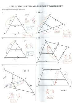 three triangles are shown with the corresponding angles and their corresponding side by side, including one triangle