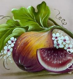 a painting of some vegetables with leaves and flowers