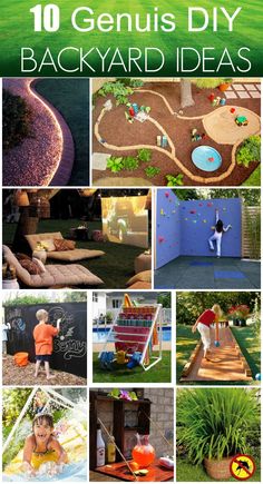 an image of backyard landscaping with the words 10 genius diy backyard ideas on it