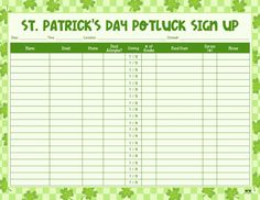 a st patrick's day potluck sign up sheet with shamrocks on it