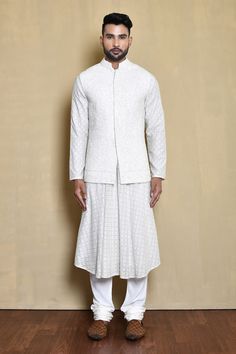 White bundi with tonal floral embroidery. Comes with grey chikankari embroidered anarkali and white churidar. - Aza Fashions White Churidar, Embroidered Anarkali, Kurta Set For Men, Nehru Jackets, Churidar, Kurta Set, Anarkali, Aza Fashion, Floral Embroidery