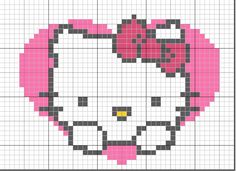 a cross stitch hello kitty with a pink bow on it's head is shown