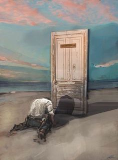 a painting of a man kneeling in front of a door with his head on the ground