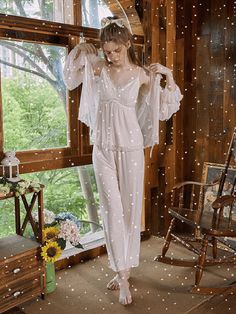 [Promotion] Design Highlights The Design Of A Classic Camisole Pajama Set Combined With A Vintage Palace Style Looks Very Elegant And High-End, And The Mesh Robe Makes It Even More Romantic. Exquisite Embroidery, Cute Bows And See-Through Mesh, These Detailed Design Embellishments Make The Overall Pajamas More Feminine And Noble. The Fabric Uses A Double-Layer Design, And The Inner Layer Is Modal Made Of Viscose And Spandex, Which Is Very Skin-Friendly, #womennightweardressesclassy Mesh Robe, Vintage Palace, Promotion Design, Detailed Design, Layer Design