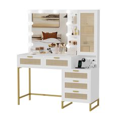 a white vanity with gold trim and drawers