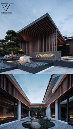 two images show the inside and outside of a building with wood sidings on it