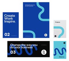 four different brochures with blue and white designs on them, including the words create work inspire