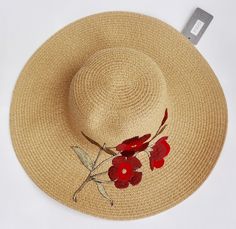 This gorgeous sun hat is a perfect accessory for your favorite summer looks and provides great sun protection! It has beautiful light brown color and red embroidered flowers decoration on the side- just so feminine and stylish! Lightweight, great for vacations!  100% Polyester Lightweight High Quality Approximately 23” Summer Brimmed Hats With Embroidery, Summer Wide Brim Embroidered Hats, Embroidered Wide Brim Summer Hat, Summer Embroidered Wide Brim Hat, Embroidered Brimmed Sun Hat For Summer, Bohemian Flower Sun Hat For Beach, Bohemian Flower Shaped Sun Hat For Beach, Red Sun Hat For Beach In Spring, Summer Vacation Hats With Flower Shape