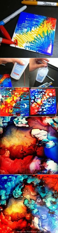 the process of painting with acrylic paint on canvases is shown in three different stages