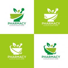 four logos for pharmacy and cosmetic products, with green leaves in the bowl on top