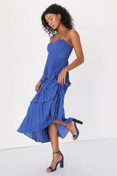 Get ready to be swept away to a world of romance by the Lulus Cascading Crush Cobalt Blue Tiered Bustier Midi Dress! Lightweight pleated woven fabric shapes adjustable spaghetti straps that support a bustier-style bodice with seamed cups. A fitted waist tops a tiered skirt that ends at a midi hem. Hidden back zipper/clasp. Fit: This garment fits true to size. Length: Mid-calf length. Size medium measures 44.5" from adjustable straps to hem. Bust: Great for any cup size. Waist: Fitted - very fitt Blue Wedding Guest Dresses, Royal Blue Bridesmaids, Bustier Midi Dress, Royal Blue Bridesmaid Dresses, Cobalt Blue Dress, Lulus Dresses, Jw Marriott, Guest Attire, Blue Bridesmaid Dresses