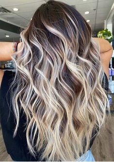 Dark Hair On Blondes, Hair Color Ideas Brown To Blonde, Dark Brown Hair And Blonde Highlights, Blonde Ribbon Highlights On Dark Hair, Blonde And Dark Balayage, Dark To Blonde Balayage Long, Dark Hair Color With Blonde Highlights, Two Color Balayage, Dark Hair To Blonde Highlights