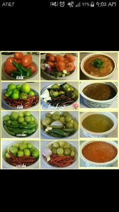 there are many pictures of different types of food in the bowls on the table together