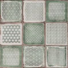 green and white tile with different designs on it's sides, all in squares