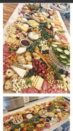 a table with many different types of food on it, and the same photo is taken from above