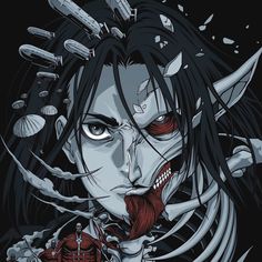 an anime character with long black hair and horns on his head, holding a knife