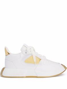 White/yellow panelled lace-up sneakers from Giuseppe Zanotti featuring panelled design, almond toe, front lace-up fastening and flat rubber sole. Sneakers 2022, Giuseppe Zanotti Sneakers, Giuseppe Zanotti Shoes, All About Shoes, Balenciaga Triple S, Designer Sneakers, Gold Leather, Curator Style, Beautiful Shoes