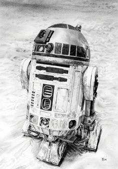 a pencil drawing of a r2d2 in the sand