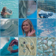 a collage of photos with shells and rings in the water, seashells